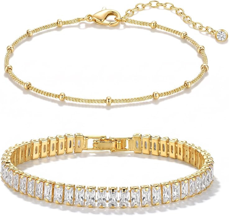 Bracelet for Women Gold Layered Set 14K Gold Filled Stackable Bracelets Trendy Figaro Satellite C... | Amazon (US)