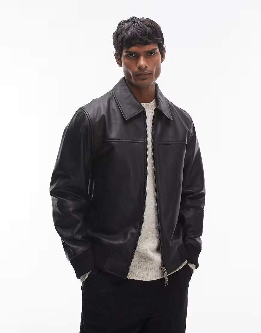 Selected Homme collar boxy leather jacket in black | ASOS (Global)