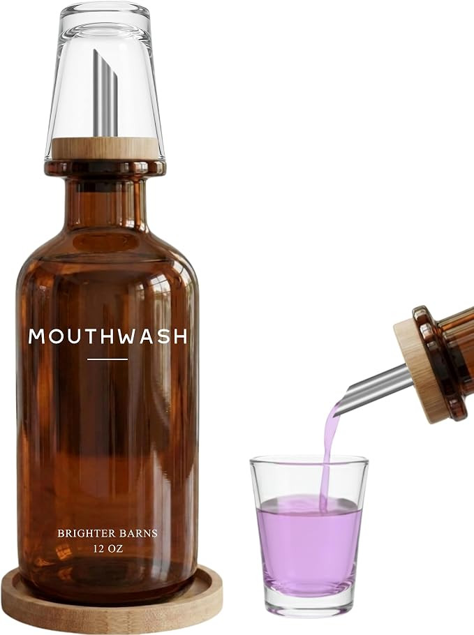 Amber Glass Mouthwash Dispenser for Bathroom by Brighter Barns (Amber) | Amazon (US)