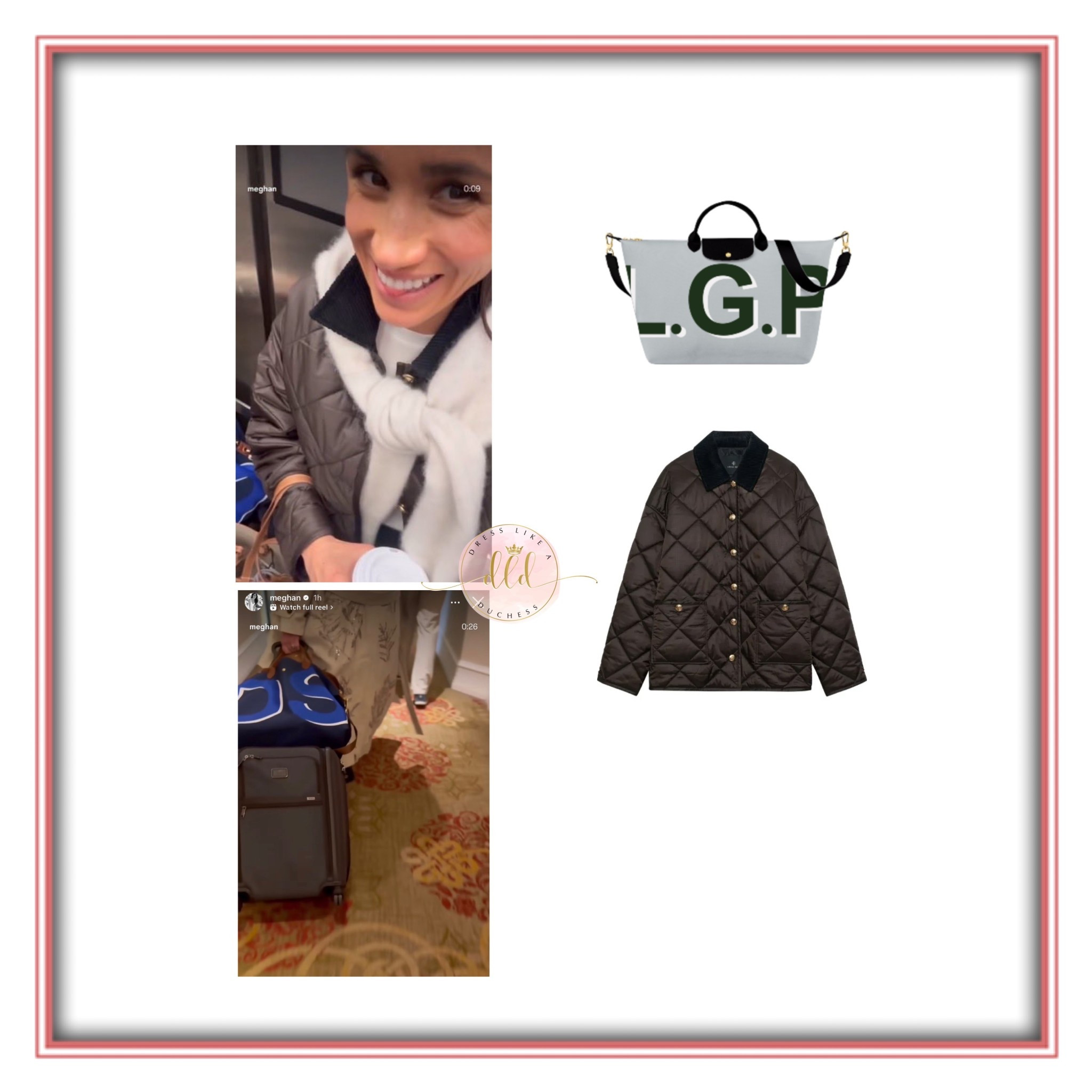 10/15/25 Meghan Markle travel style including a custom Longchamp tote and Anine Bing Luca padded jacket + Polene cyme bag (not pictured) 