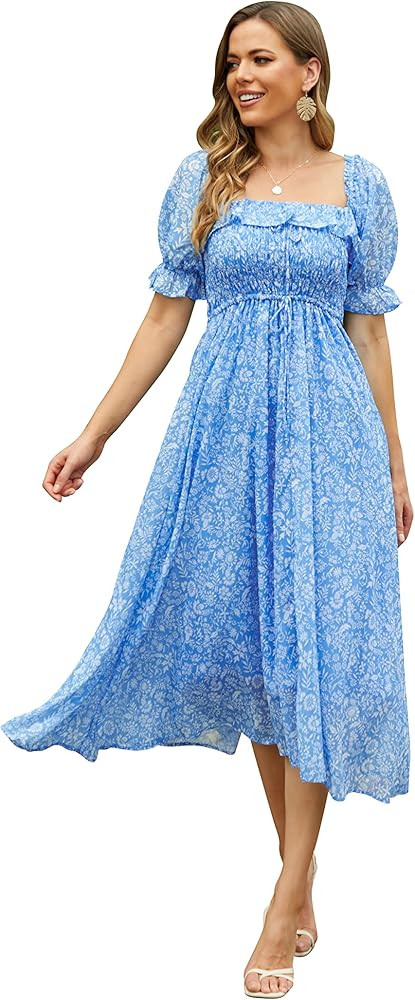 R.YIposha Women Vintage Elastic Square Neck Ruffled Half Sleeve Summer Backless Beach Flowy Maxi ... | Amazon (US)