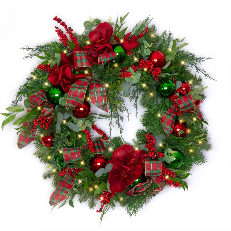 Christmas Amaryllis and Ornaments Realistic Looking Greenery Wreath with LED Lights | Wayfair North America