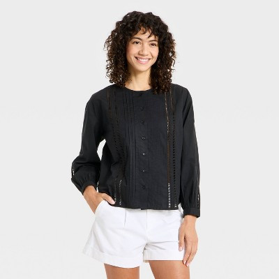 Women's Balloon Sleeve Lace Trim Blouse - A New Day™ Black M | Target