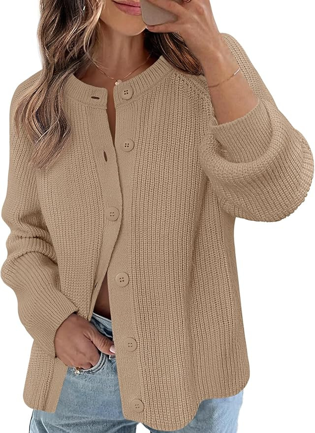 MEROKEETY Women's 2025 Long Sleeve Cardigan Sweater Fall Crew Neck Button Open Front Chunky Knit ... | Amazon (US)
