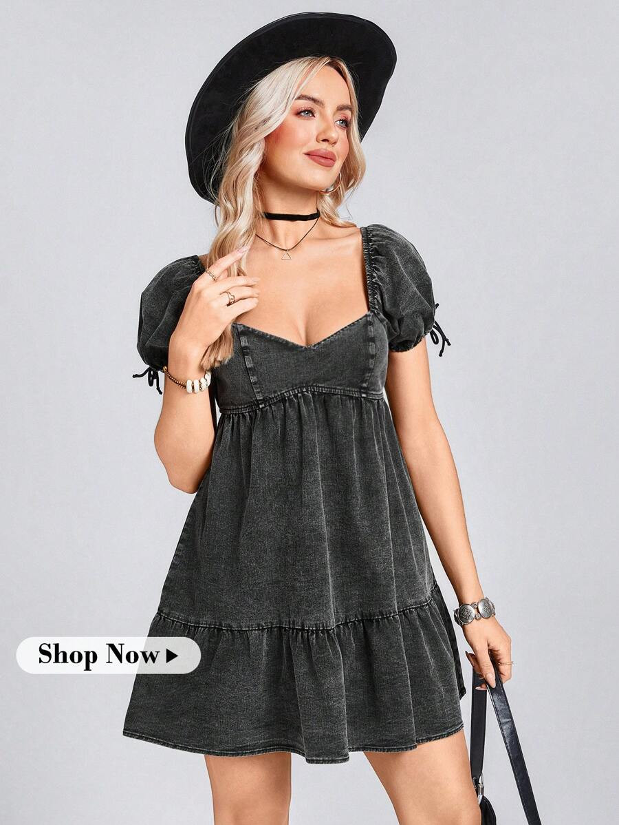 Wildy Summer Western Rave Outfit Concert Outfit Women Women's Summer Puff Sleeve Square Neck Fitt... | SHEIN