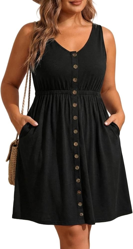 Holipick Women's Plus Size Summer Dresses for Women Casual Dress with Pockets A-Line Swing Button... | Amazon (US)