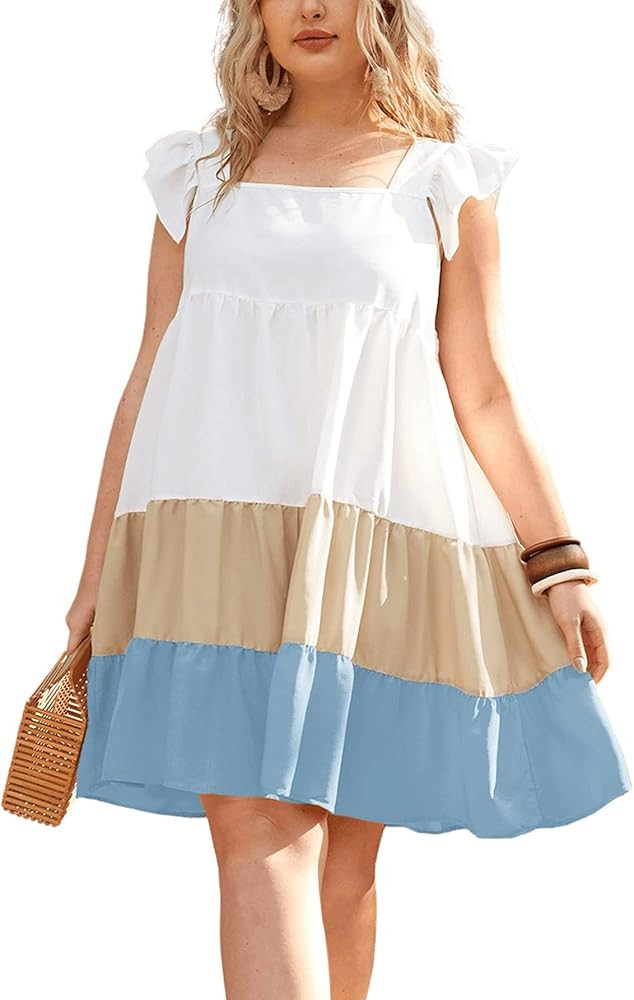 Romwe Women's Ruffle Trim Sleeve Summer Beach A Line Loose Swing Dress | Amazon (US)