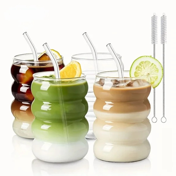 Set of 2 Vintage Ripple Glass Cups 11.8oz/350ml, Clear Borosilicate Drinking Glasses with Straw a... | Walmart (US)