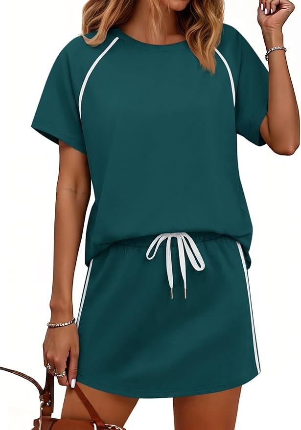 Yousify Womens 2 Piece Skirt Sets Summer Short Sleeve Tops and Tennis Skort Lounge Set Vacation W... | Amazon (US)