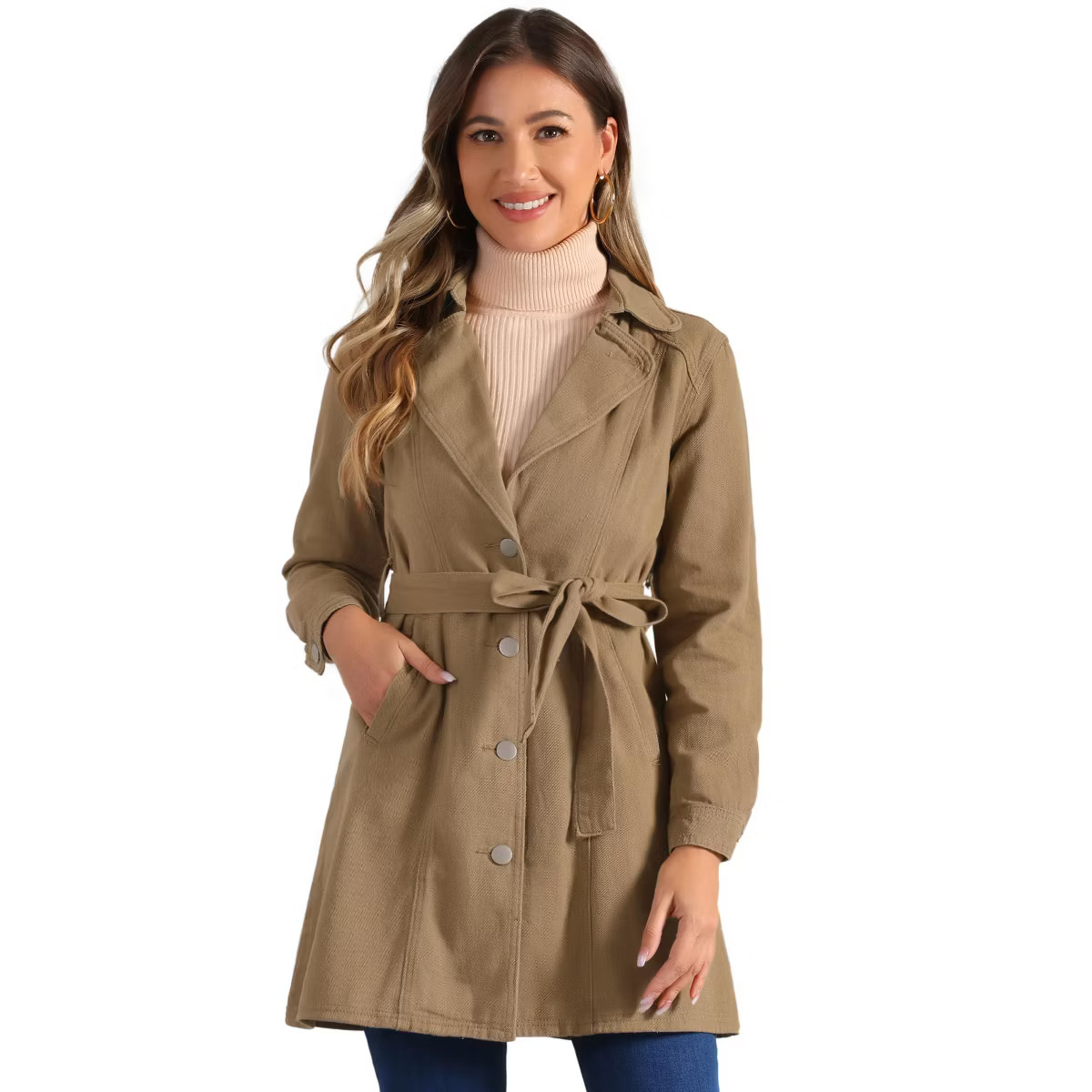 Allegra K Women's Notched Lapel Belted Trench Long Denim Jacket Khaki Small | Target