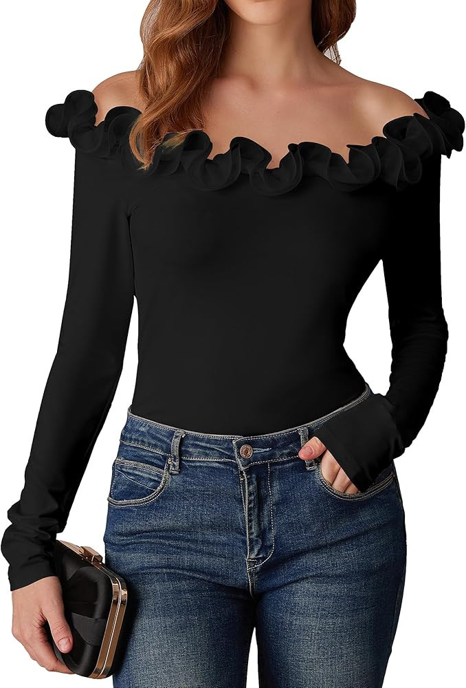 GRACE KARIN Women Off Shoulder Tops Ruffle Trim Long Sleeves Shirts Elegant Casual Slim Fitted Fa... | Amazon (US)