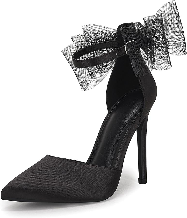 Coutgo Women's Closed Pointed Toe High Heels with Bow Knot Ankle Strap Satin Stiletto Pumps | Amazon (US)