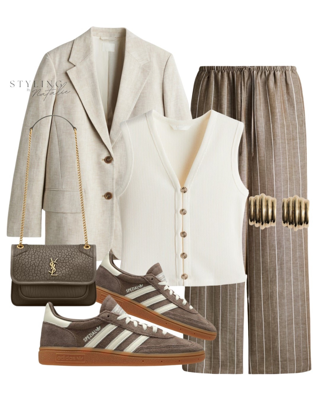 Spring/Summer outfit- Stripe linen trousers, button up sweater vest, linen blazer, brown Adidas Spezial trainers, Saint Laurent bag & gold earrings. Knit waistcoat, pull on pants, stripes, neutral outfit.

#LTKstyletip #LTKspring #LTKworkwear
