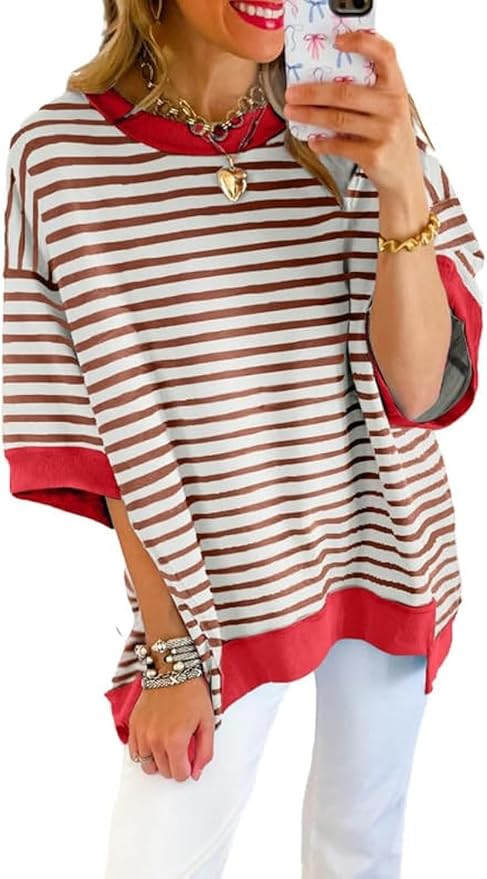 SHEWIN Womens Tops Casual Short Sleeve Sweatshirt Striped Shirt Crewneck Pullover T Shirts Loose ... | Amazon (US)