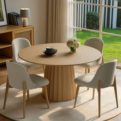 PexFix 46" Modern Round Dining Table Set with 8 Upholstered Chairs Natural Textured Wood Top Pleated Pedestal Base Beige Seats for Kitchen Dining Room | Target