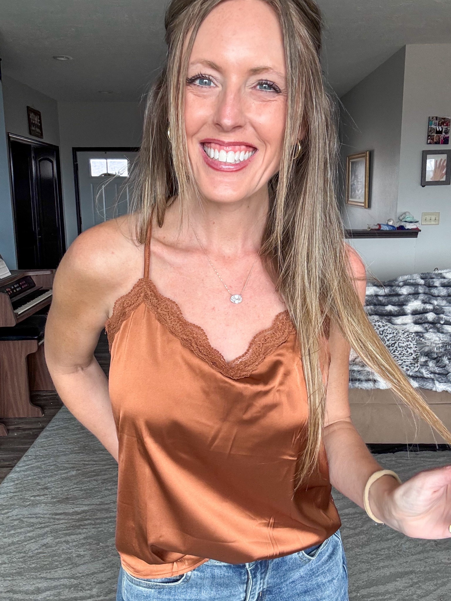 This satin tank in the color coffee with be the perfect spring layer or wear it alone as shown here! 🤎 Wearing a small.

As an Amazon Influencer I earn commission on qualifying purchases.

Satin tank top, spring fashion 2026, spring outfit inspo, mom style, casual vibes, brown satin top

#LTKMidsize #LTKOver40 #LTKgrwm