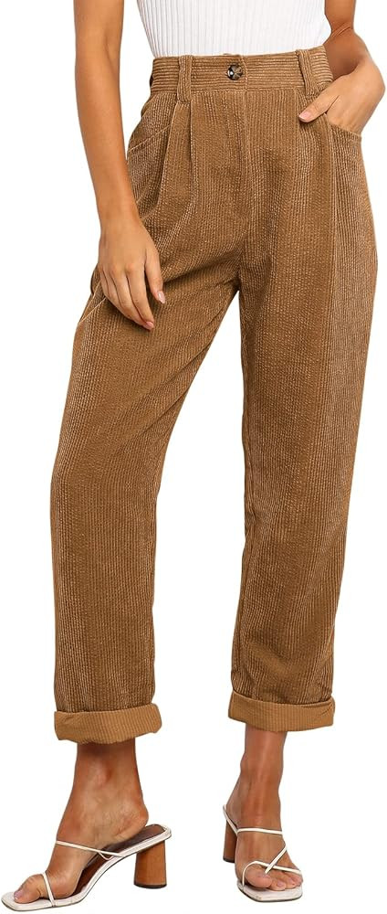 Prinbara Women's Classy High Waisted Corduroy Pants Casual Comfy Straight Leg Trousers with Pocke... | Amazon (US)