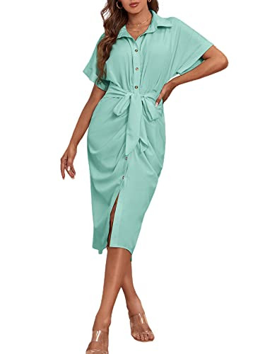LYANER Women's Collar Button Down Ruched Self Tie Short Sleeve Midi Dress Light Green Medium | Amazon (US)