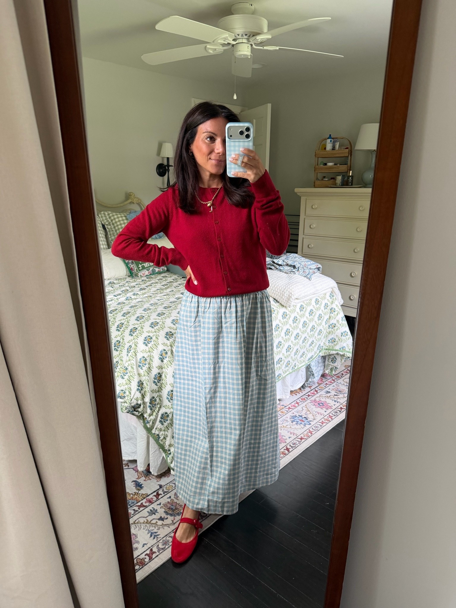 this color combination is my current fav - I love the dark richness of red and how light and airy the blue is. Small in all, but could have sized down in the skirt. true size in shoes!

#LTKootd #LTKSeasonal