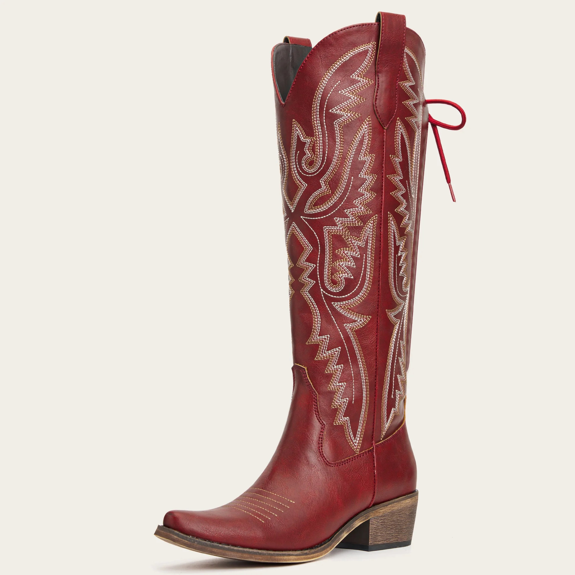 The Withersteen – Red Tall Cowgirl Boots with Bold Embroidery and Lace-Up Back | REDTOP