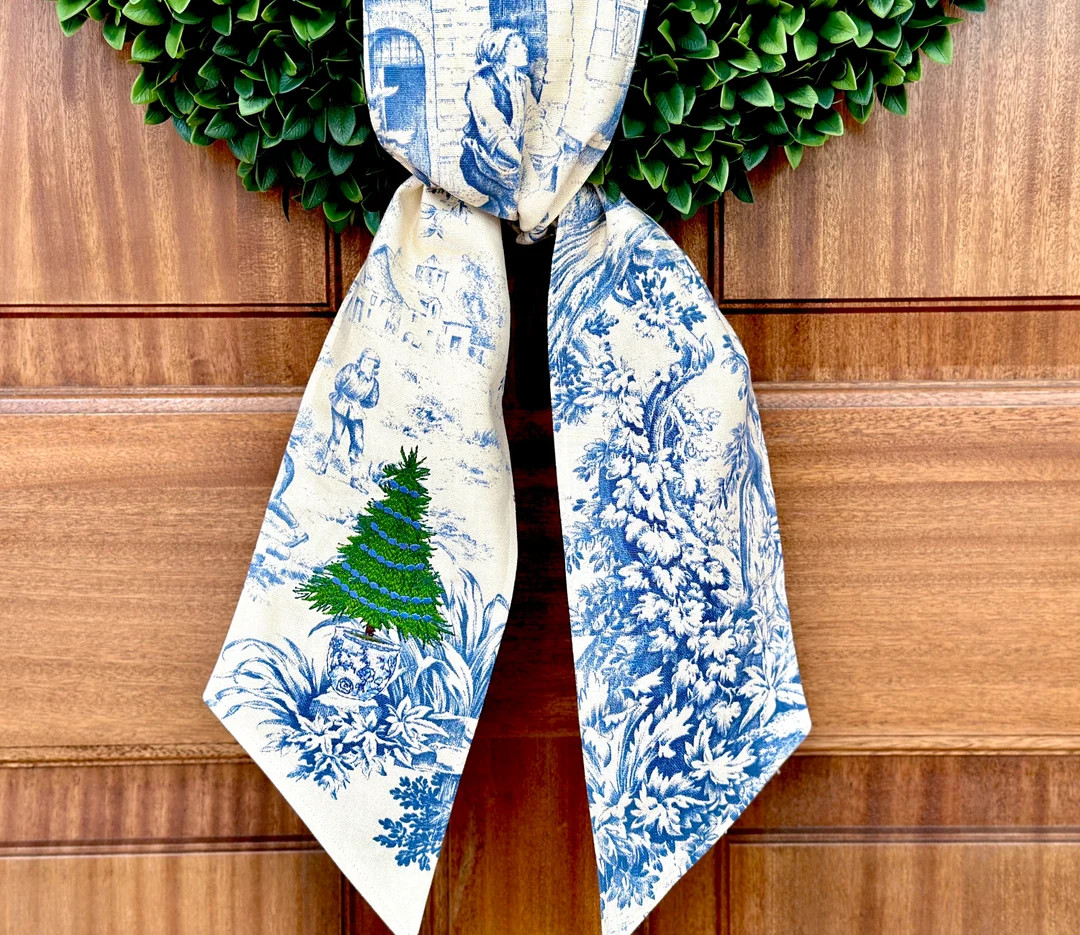 Personalized Christmas Chinoiserie Wreath Sash for Front Door or Dining Chair, Elegant Blue and W... | Etsy (US)