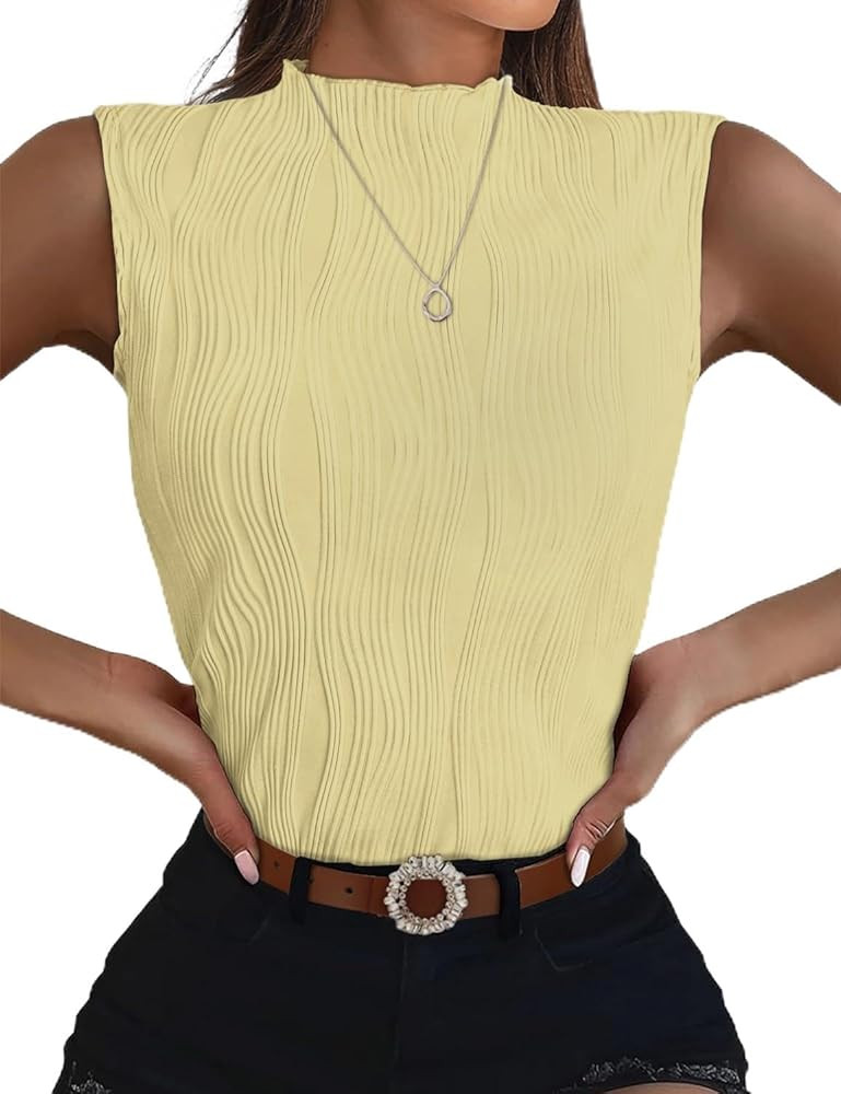 WIHOLL Womens Mock Neck Tank Tops Summer Textured SleevelessTops for Women Business Casual Blouse | Amazon (US)