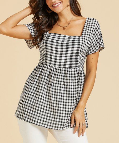 Suzanne Betro Weekend Black & White Gingham Pin Tuck-Detail Babydoll Tunic - Women & Plus | Zulily