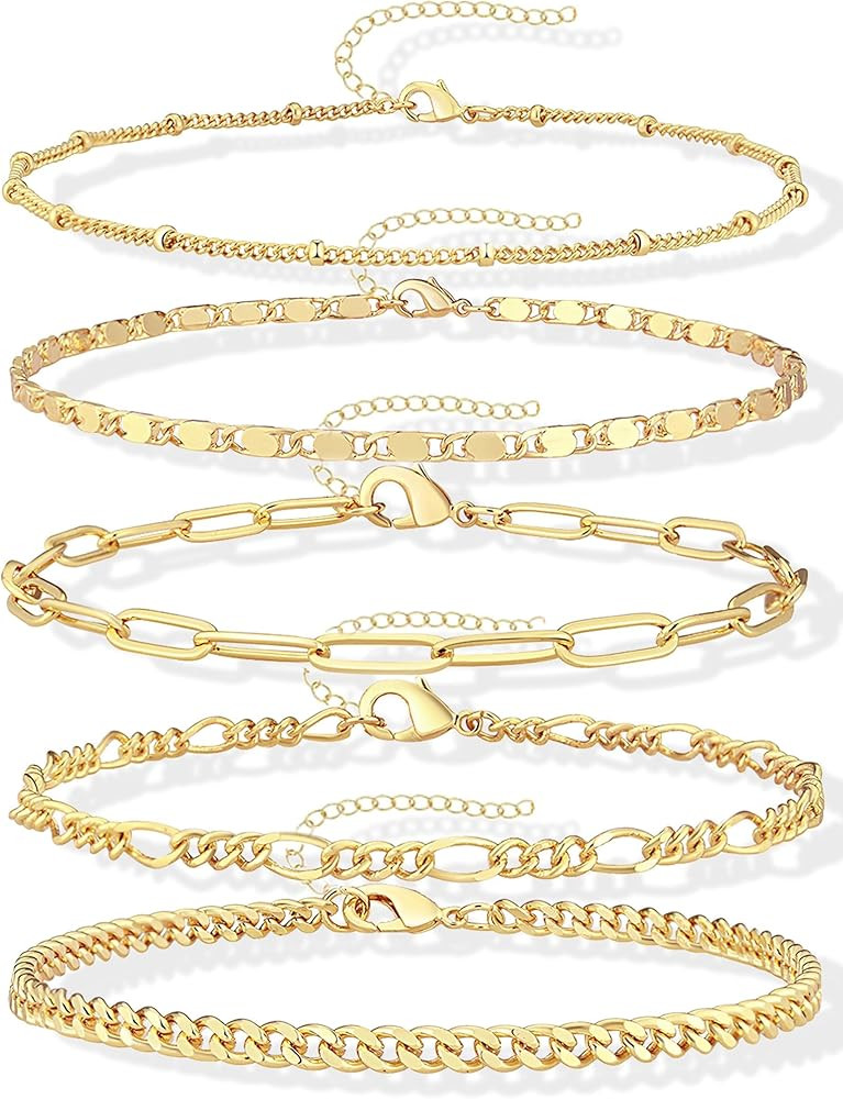 Gold Bracelets Set for Women Non Tarnish Trendy,14K Gold Plated Dainty Stackable Paperclip Cuban ... | Amazon (US)
