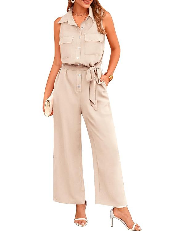 Pretty Garden Womens Sleeveless Button Up Belted Long Pants Rompers | Amazon (US)