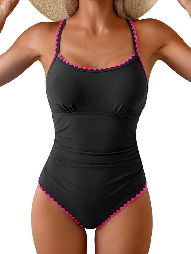 Eomenie Women's One Piece Swimsuit Tummy Control Slimming Bathing Suit Ruched Swimwear Tie Back S... | Amazon (US)