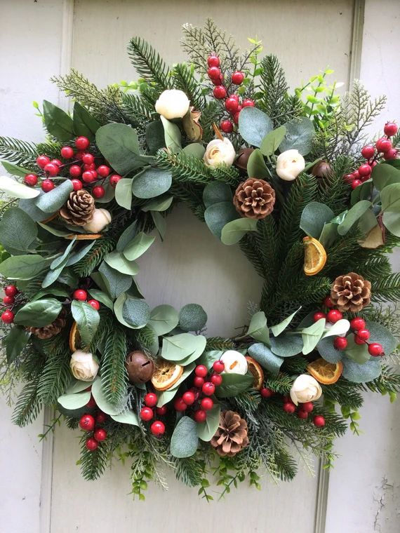 Christmas/ holiday wreath/ jingle bells/ eucalyptus/ berries/ dried fruit/ farmhouse | Etsy (US)