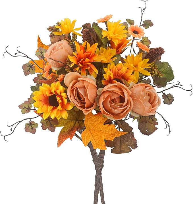 2 Pcs Artificial Fall Flowers Boquet Fall Decor Faux Orange Silk Flowers Arrangements Fall Decora... | Amazon (US)