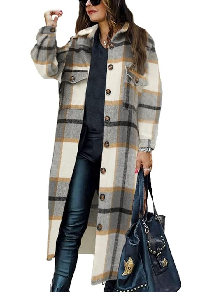 PUWEI Women's Casual Lapel Button Down Long Plaid Shirt Coat Tartan Shacket Jacket | Amazon (US)