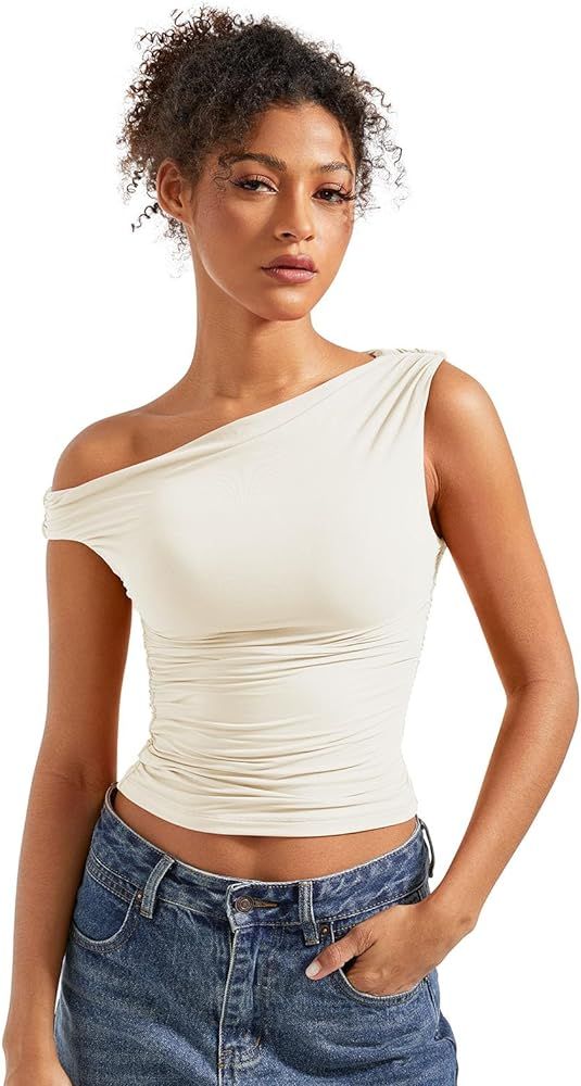 SUUKSESS Women Off Shoulder Tops Sleeveless Shirts Y2K Going Out Crop Tank Top | Amazon (US)