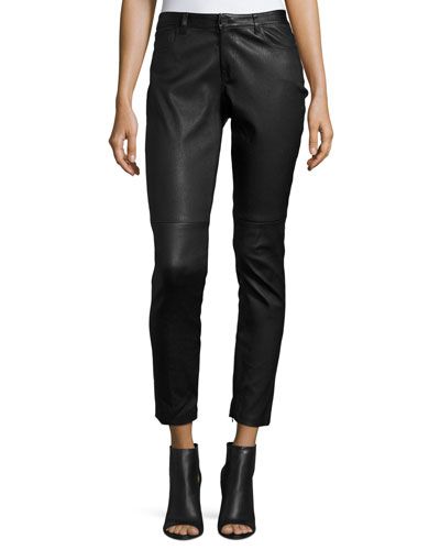 Trista Slim-Leg Leather Pants w/ Zip Cuffs, Black | Neiman Marcus
