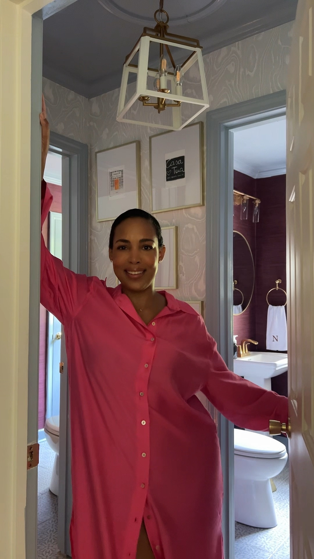 Bathroom before & after featuring this blue and white burlwood wallpaper from Mitchell Black 🩵 

#LTKHome