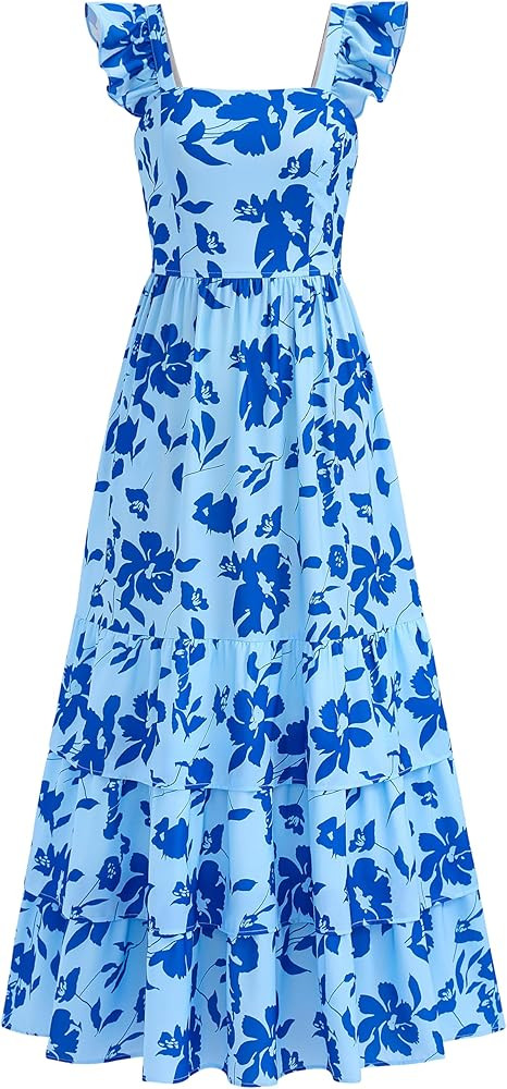 dowerme Summer Dresses for Women 2026 Casual Ruffle Smocked Tiered A-Line Boho Floral Maxi Beach ... | Amazon (US)