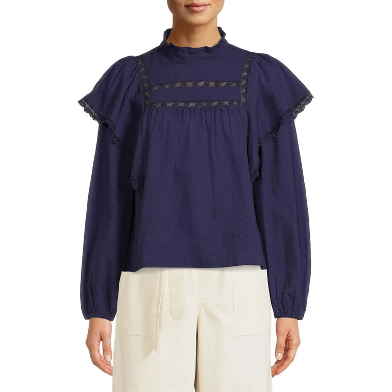 The Get Women's Long Sleeve Lace Trim Top - Walmart.com | Walmart (US)