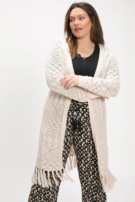Pointelle Fringe Hem Open Front Long Cardigan Sweater | Ulla Popken - US & CA