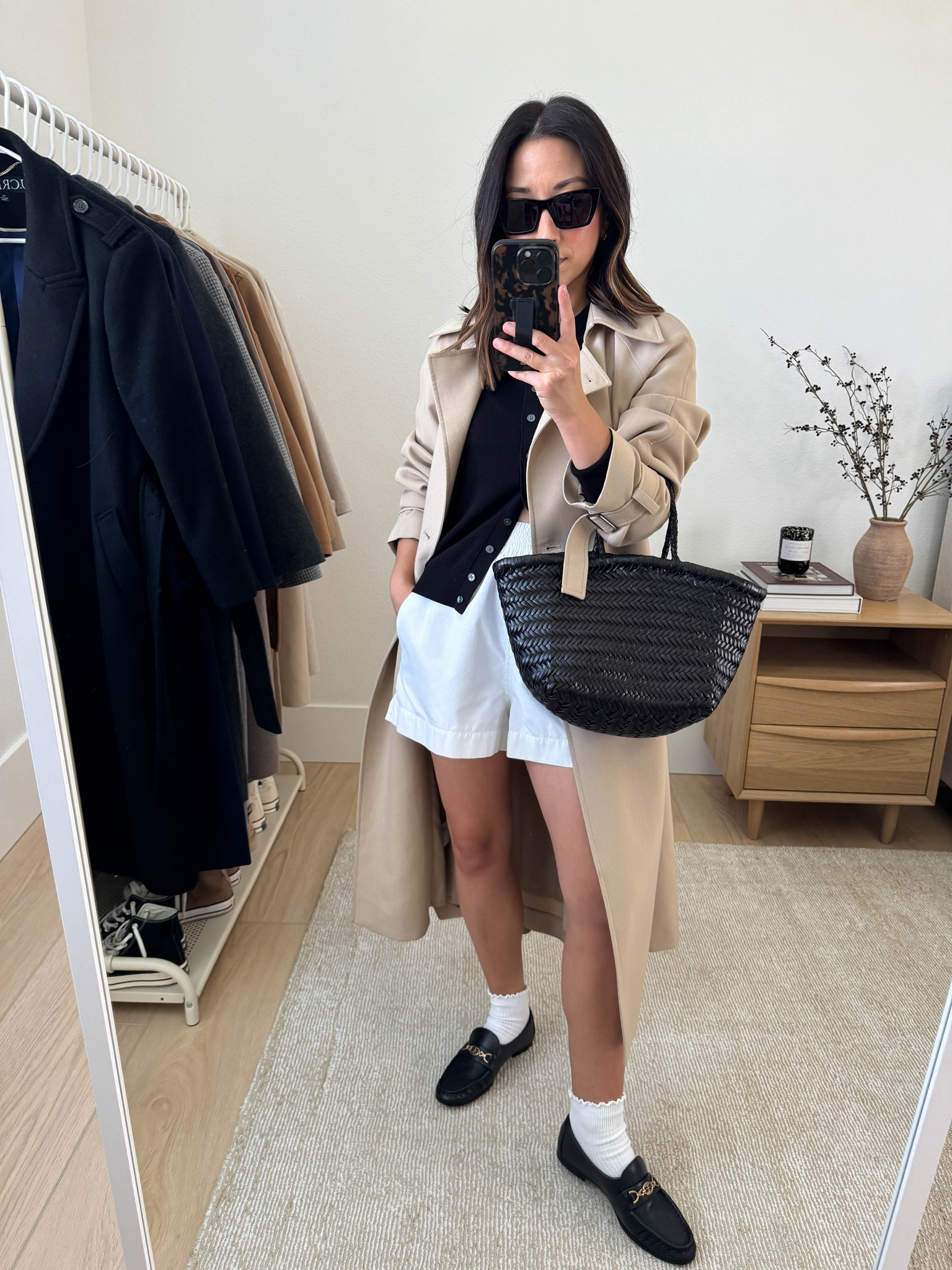 The Oak + Fort trench coat is my favorite trench and has been for a couple years now. It runs oversized, but I love the drape. Size down. 

Oak & Fort Trench xxs
Madewell cardigan small
French Connection shorts xs (old)
Amazon socks
Sam Edelman loafers 5
Dragon Diffusion triple jump small 
YSL sunglasses

#LTKSeasonal #LTKPetite
