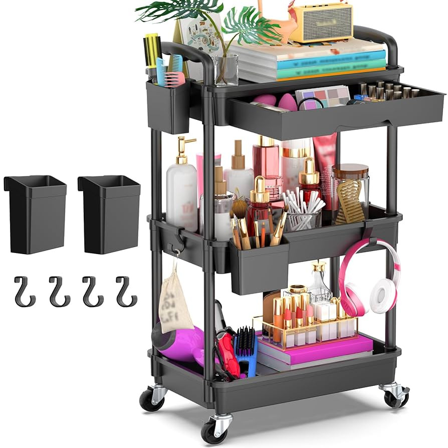 Goovilla 3 Tier Rolling Utility Cart Organizer with Removable Drawer, Stable and Sturdy Black Rol... | Amazon (US)