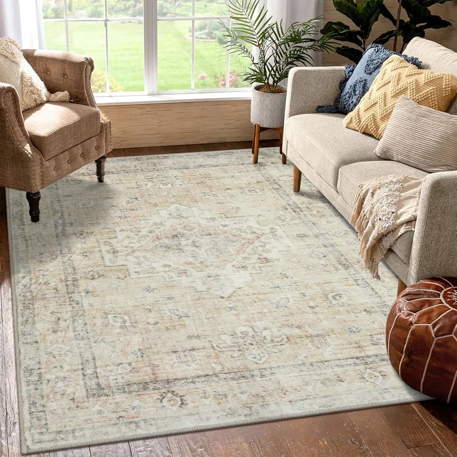 LIVEBOX Washable Area Rug 5x7 - Large Boho Living Room Rug Vintage Indoor Rug for Bedroom,Low-Pil... | Amazon (US)