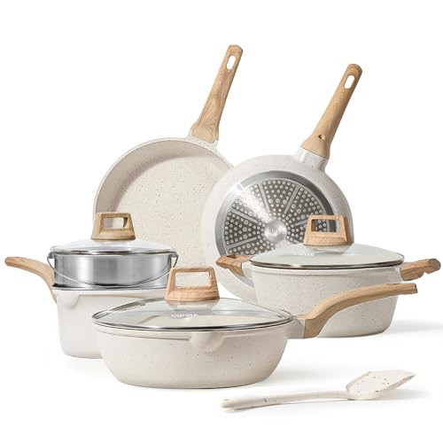 CAROTE Pots and Pans Set Nonstick, White Granite Induction Kitchen Cookware Set, 10 Pcs Non Stick Cooking Set w/Frying Pans & Saucepans(PFOS, PFOA Free) | Amazon (US)