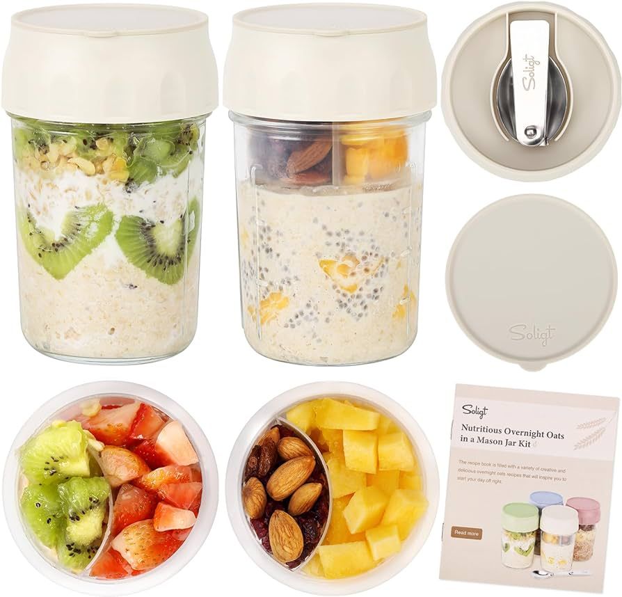 SOLIGT 2 Pack Overnight Oats Containers with Lids, Folding Spoons and Divided Compartments for Fr... | Amazon (US)