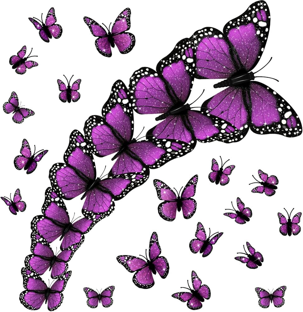 Waydress Monarch Butterfly Decor 24 Pieces Sticker Decal Home Wall Wedding Bedroom Decoration Pur... | Amazon (US)
