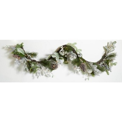 Faux 28" Snowy Pine Led Garland W/ Ornaments - Silver/Green - Safavieh | Target