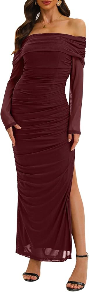 Relipop Women Off Shoulder Dress Long Sleeve Bodycon Mesh Ruched High Split Fall Formal Wedding G... | Amazon (US)