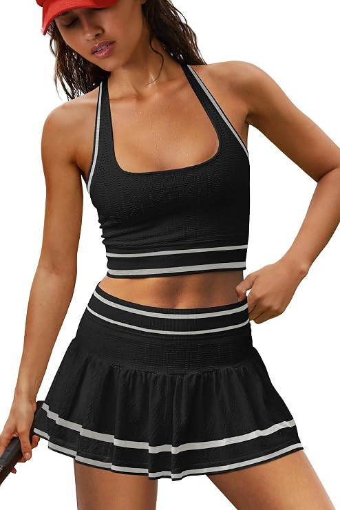 LAMISSCHE Seamless Athletic Skirt Set Square Neck Tank Pleated Skort Set | Contrast Piping, Halte... | Amazon (US)