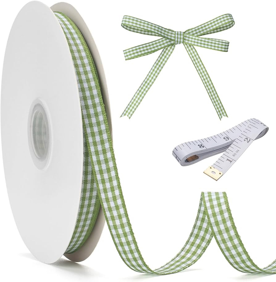 Moss Green and White Gingham Ribbon, 3/8" x 50 Yd Roll Picnic Craft Green Buffalo Ribbon 100% Pol... | Amazon (US)