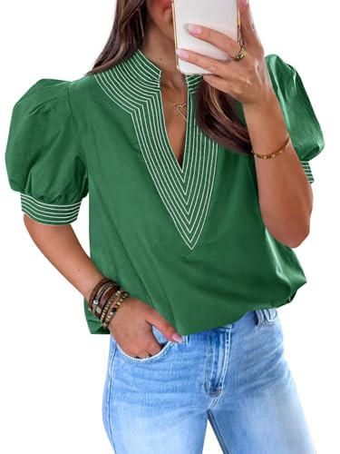 Cicy Bell Womens Puff Short Sleeve Blouses Summer Casual Dressy Contrast Stitch V Neck Tops Loose Fit Tee Shirts Green | Amazon (US)
